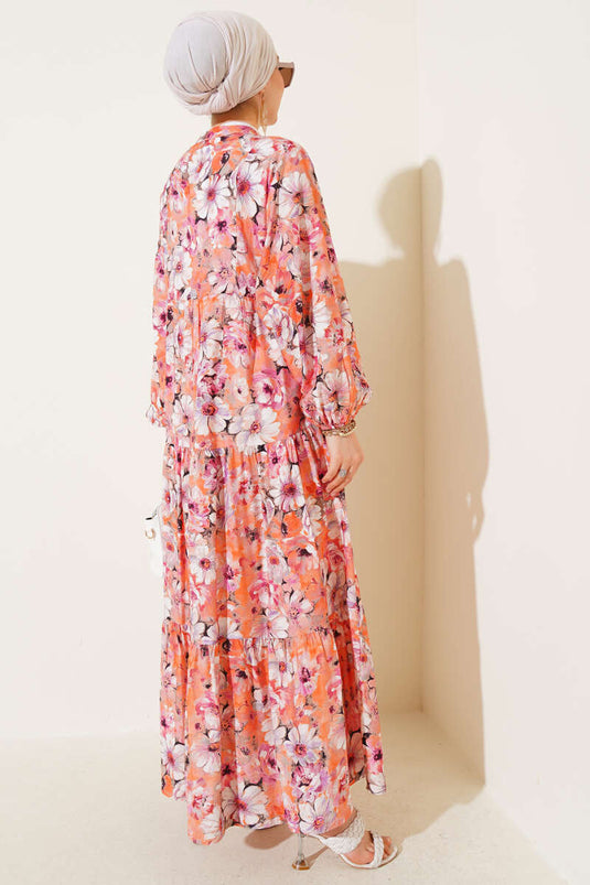 Çiçek Desenli Kloş Elbise Oranj