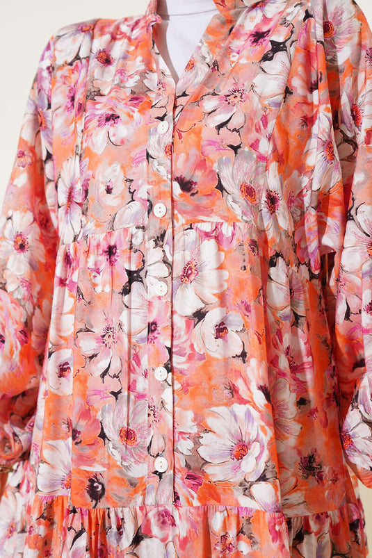 Çiçek Desenli Kloş Elbise Oranj