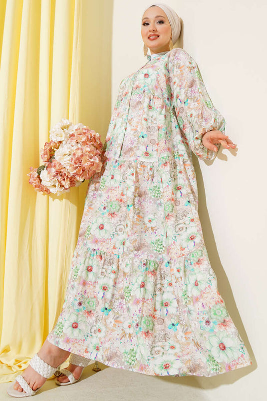 Ausgestelltes Kleid mit Blumenmuster Grün