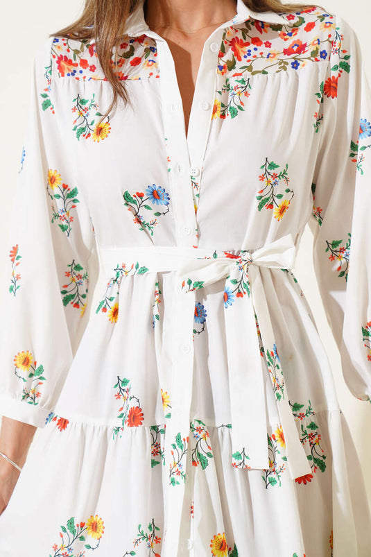 Floral Patterned Belted Midi Layered Dress White
