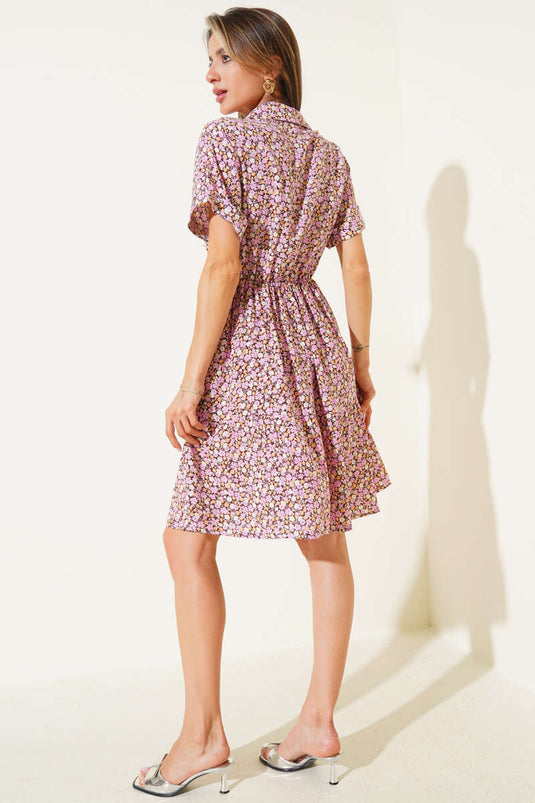 Çiçek Desenli Mini Elbise Pembe