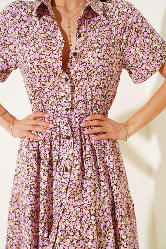 Çiçek Desenli Mini Elbise Pembe