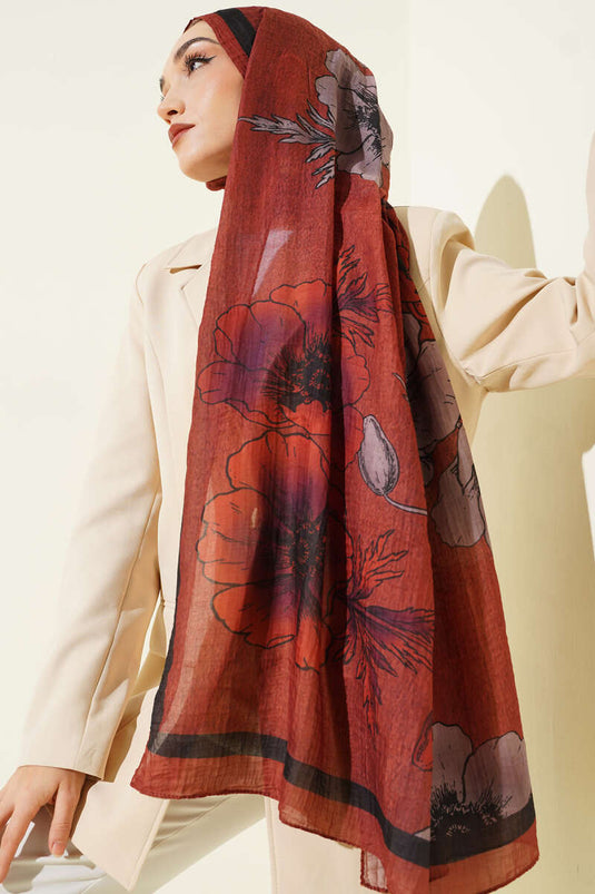 Çiçek Desenli Müslin Şal Kiremit