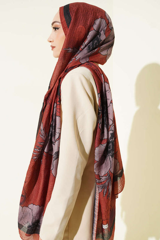 Çiçek Desenli Müslin Şal Kiremit