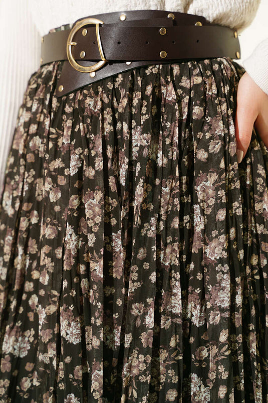 تنورة شيفون بكسرات مزينة بنقشة الأزهار باللون الزيتوني