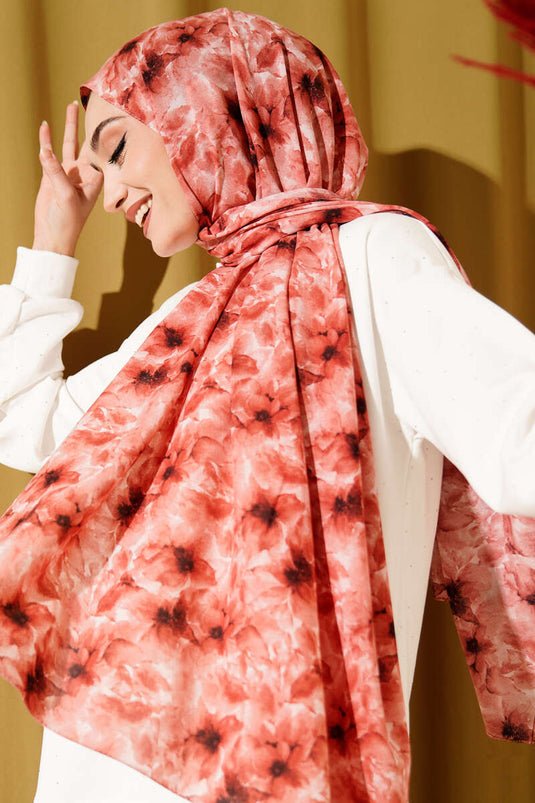 Çiçek Desenli Rami Şal Kiremit