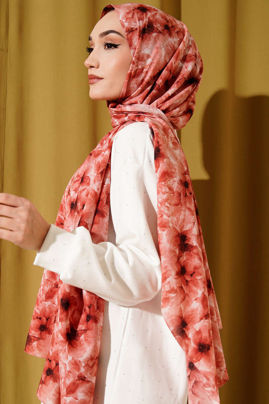 Çiçek Desenli Rami Şal Kiremit