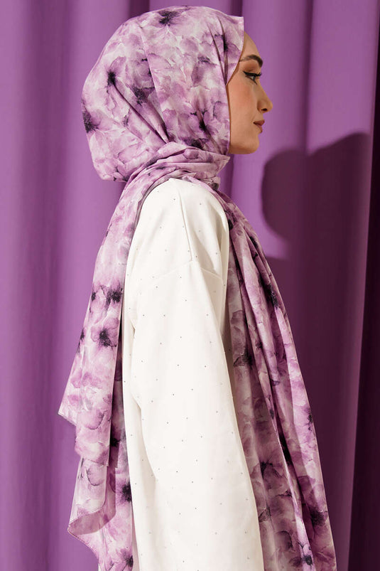 Çiçek Desenli Rami Şal Lila