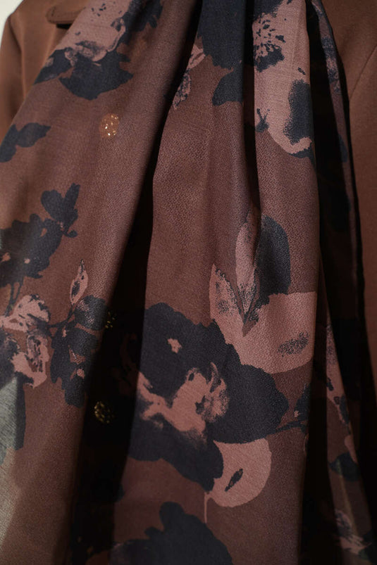 Çiçek Desenli Ribana Şal Acı Kahve