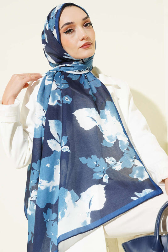 وشاح مضلع بنقشة زهور، لون نيلي