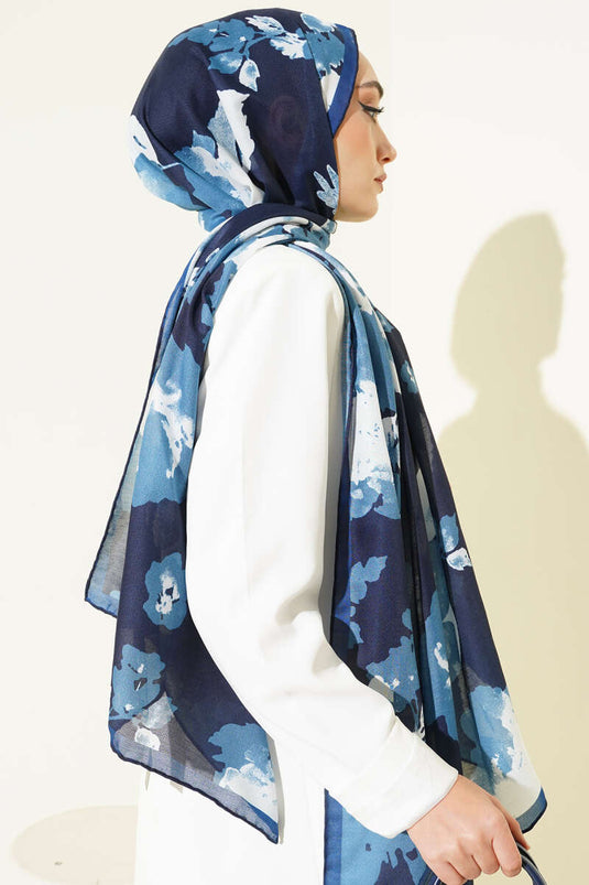 وشاح مضلع بنقشة زهور، لون نيلي