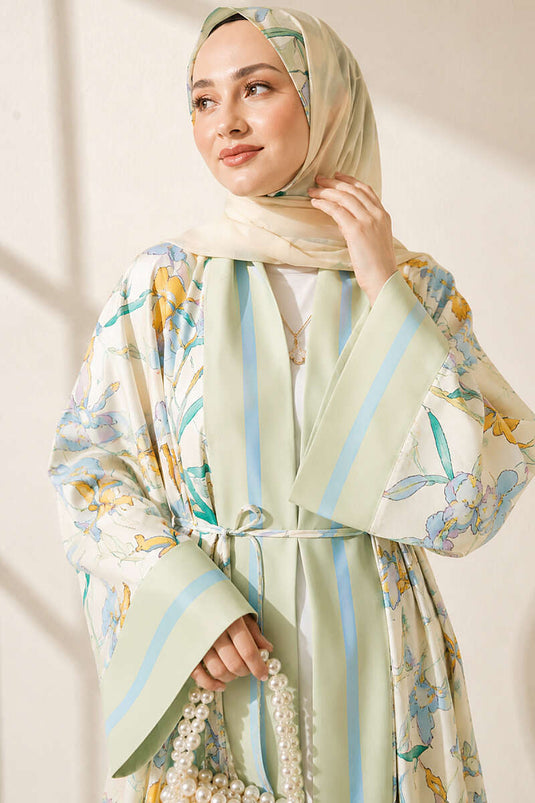Çiçek Desenli Şal Detaylı Kimono Çağla Yeşili