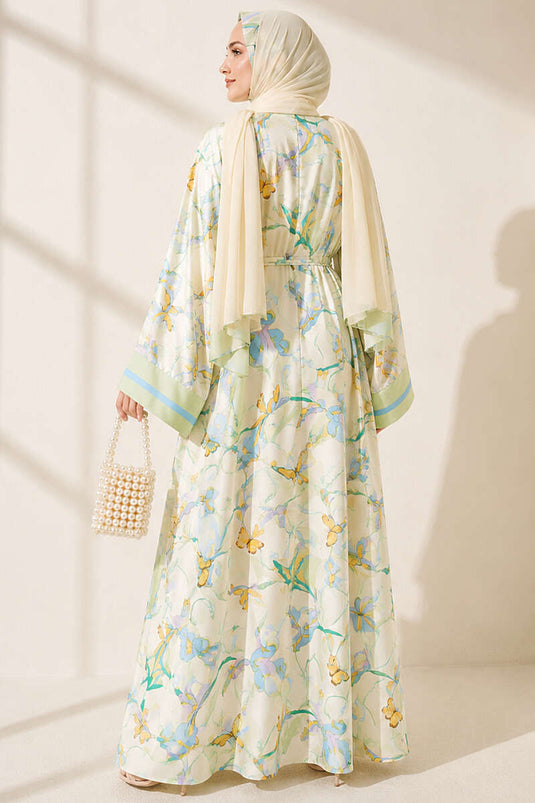 Çiçek Desenli Şal Detaylı Kimono Çağla Yeşili