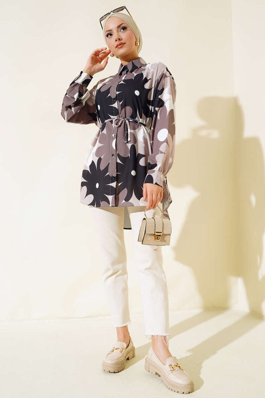 الأزهار المنقوشة قميص فضفاض المنك