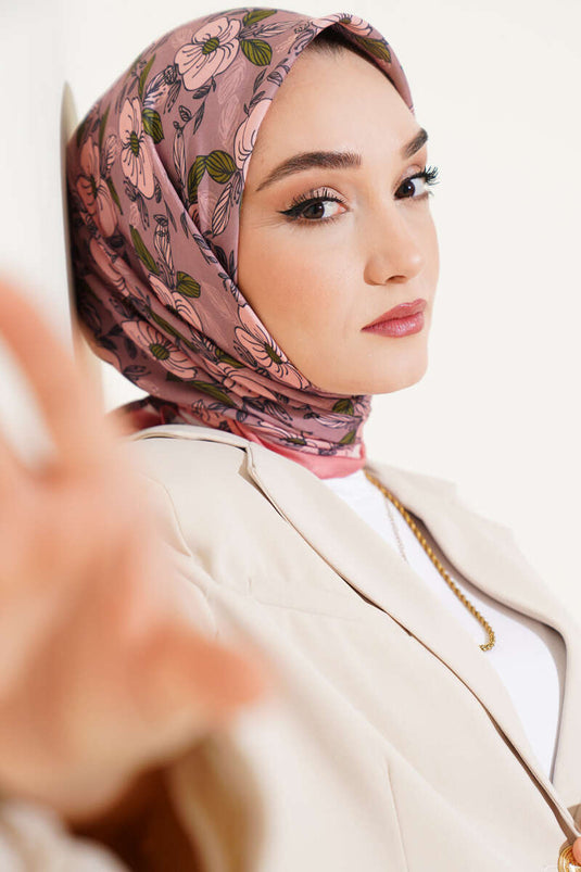 Floral Patterned Striped Scarf Salmon