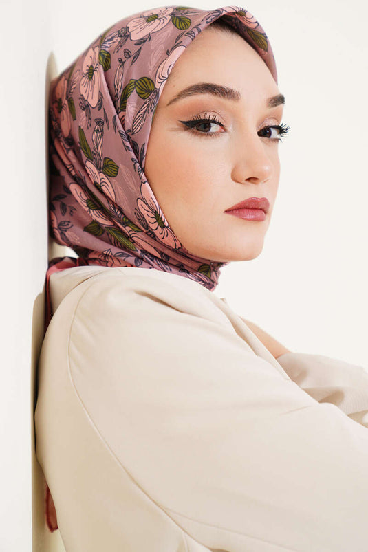 Floral Patterned Striped Scarf Salmon