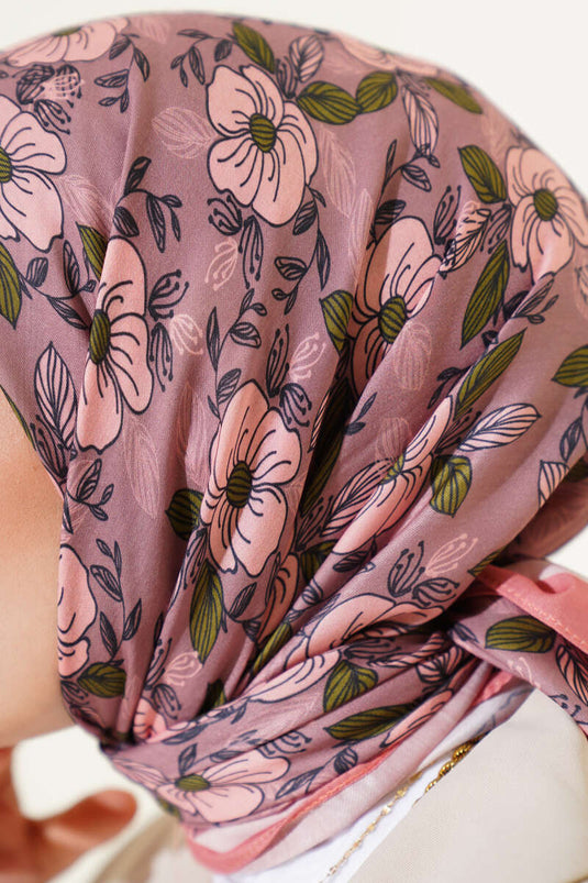 Floral Patterned Striped Scarf Salmon