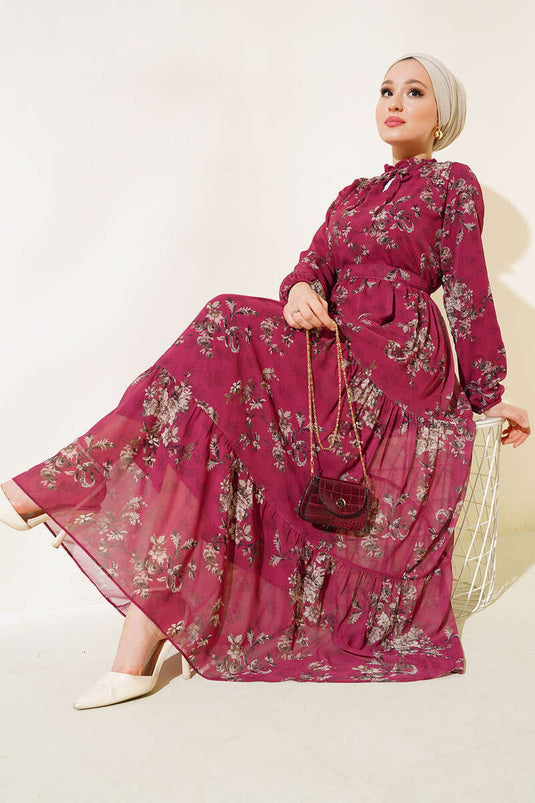 فستان شيفون منقوش بالورود باللون العنابي