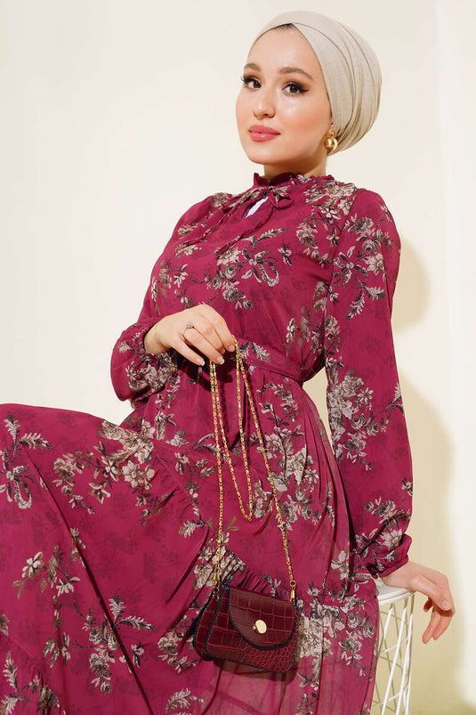 فستان شيفون منقوش بالورود باللون العنابي