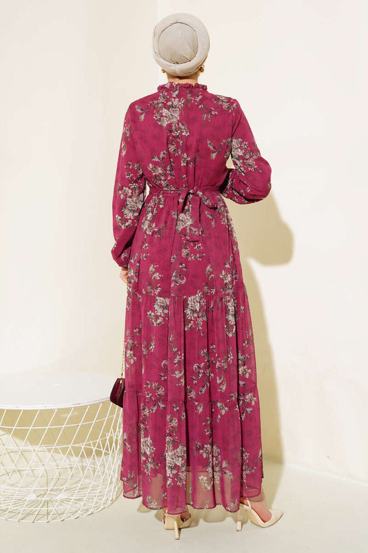 فستان شيفون منقوش بالورود باللون العنابي