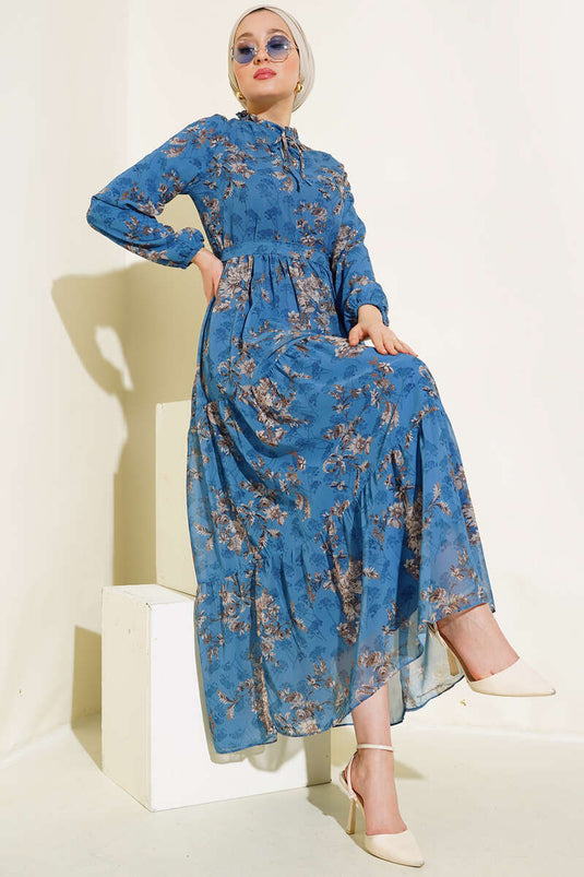 Çiçek Desenli Şifon Kat Elbise İndigo