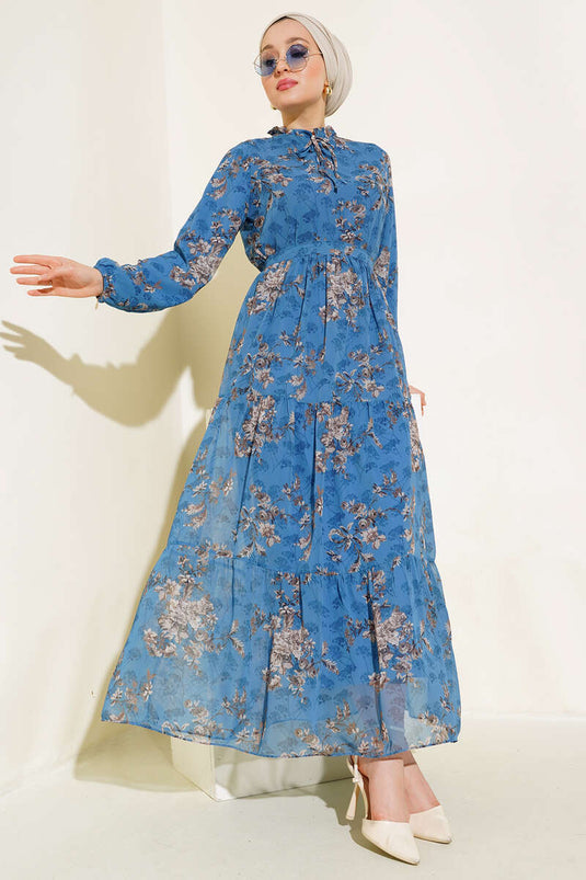 Çiçek Desenli Şifon Kat Elbise İndigo