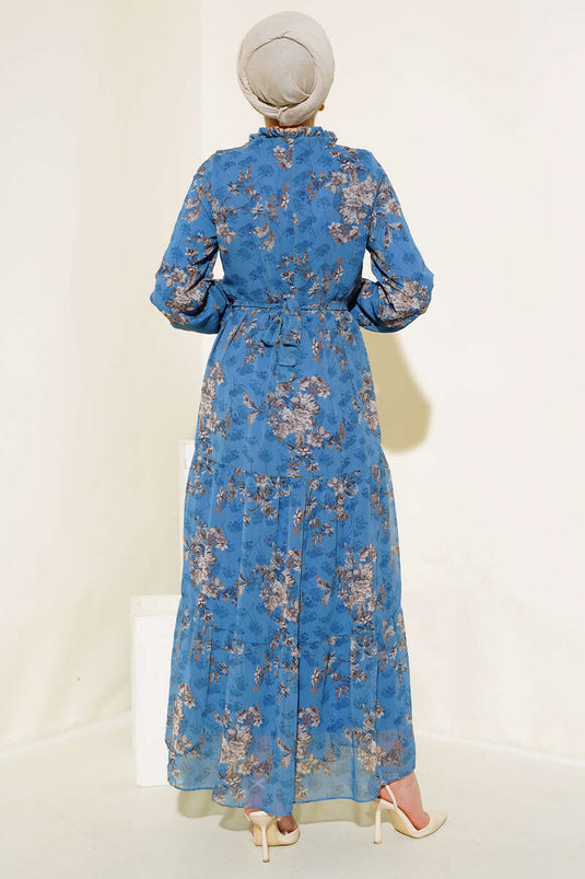 Çiçek Desenli Şifon Kat Elbise İndigo