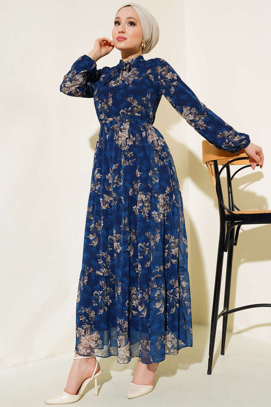 فستان شيفون منقوش بالورود أزرق داكن