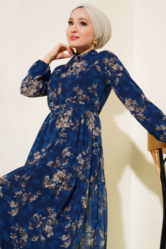 فستان شيفون منقوش بالورود أزرق داكن