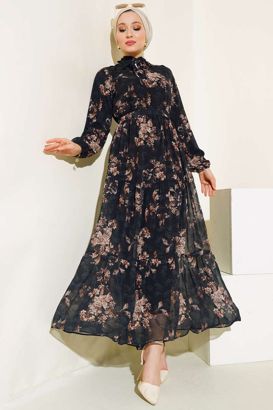 Floral Patterned Chiffon Floor Dress Black