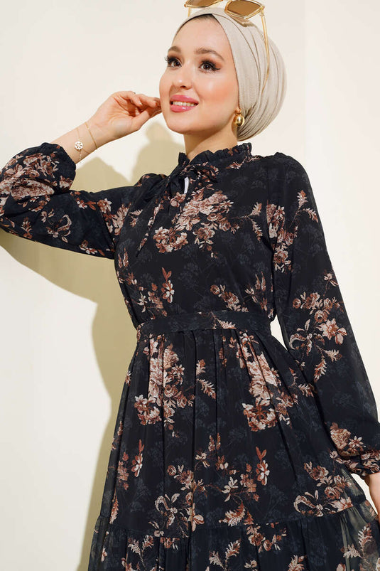 Floral Patterned Chiffon Floor Dress Black