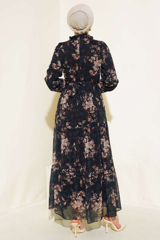 Floral Patterned Chiffon Floor Dress Black