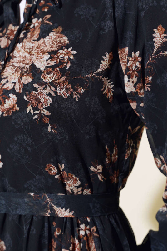Floral Patterned Chiffon Floor Dress Black