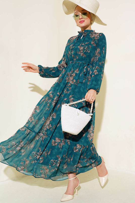 Çiçek Desenli Şifon Kat Elbise Zümrüt Yeşil