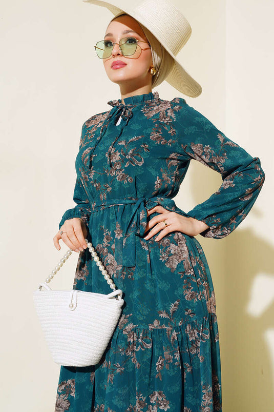 Çiçek Desenli Şifon Kat Elbise Zümrüt Yeşil