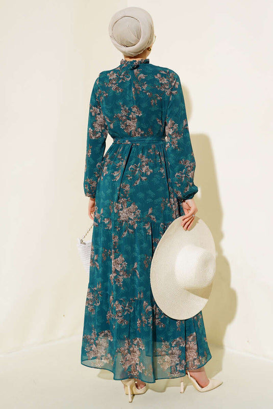 Çiçek Desenli Şifon Kat Elbise Zümrüt Yeşil