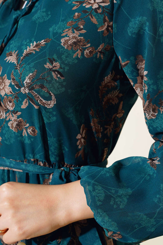 Çiçek Desenli Şifon Kat Elbise Zümrüt Yeşil