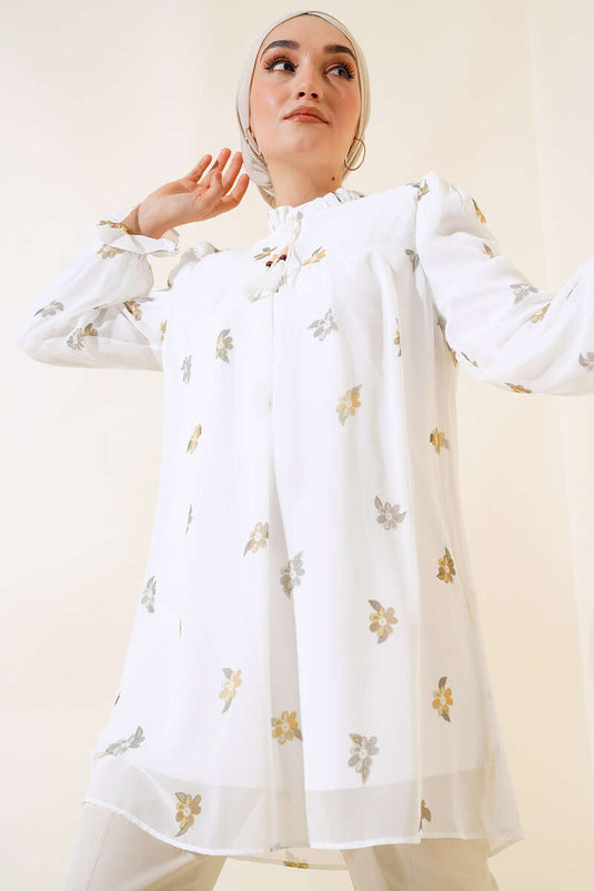 Çiçek Desenli Sifon Tunik Hardal