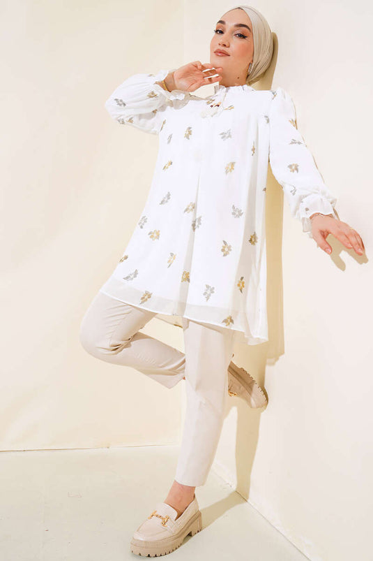 Çiçek Desenli Sifon Tunik Hardal
