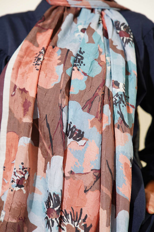 Çiçek Desenli Soft Bambu Kraş Şal Acı Kahve