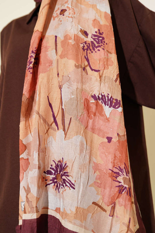 Çiçek Desenli Soft Bambu Kraş Şal Kahve