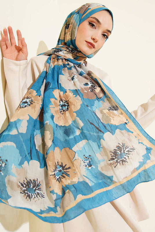 Çiçek Desenli Soft Bambu Kraş Şal Mavi