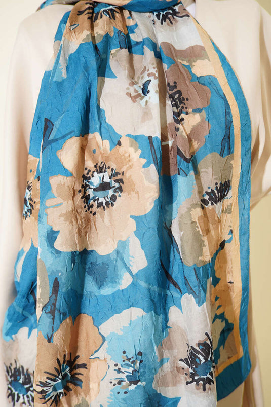 Çiçek Desenli Soft Bambu Kraş Şal Mavi