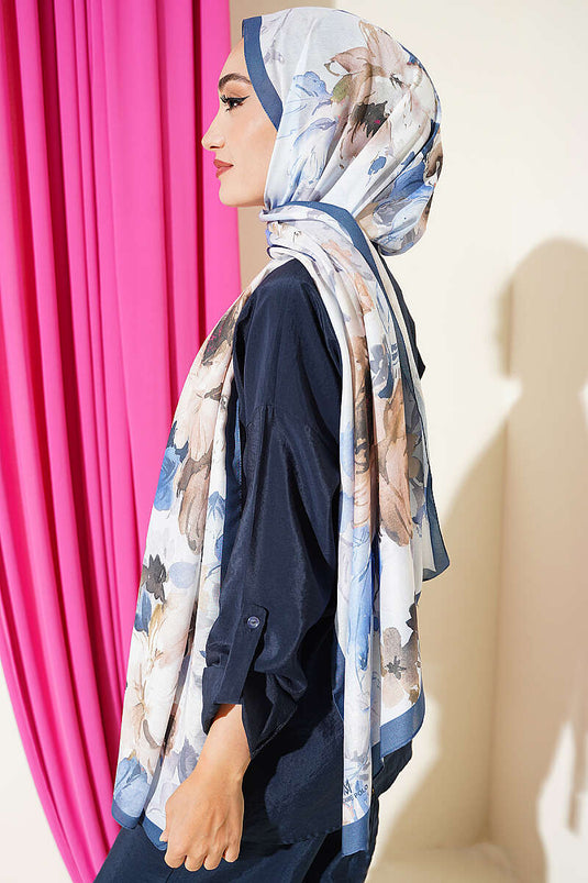Floral Patterned Soft Shawl Petrol Blue