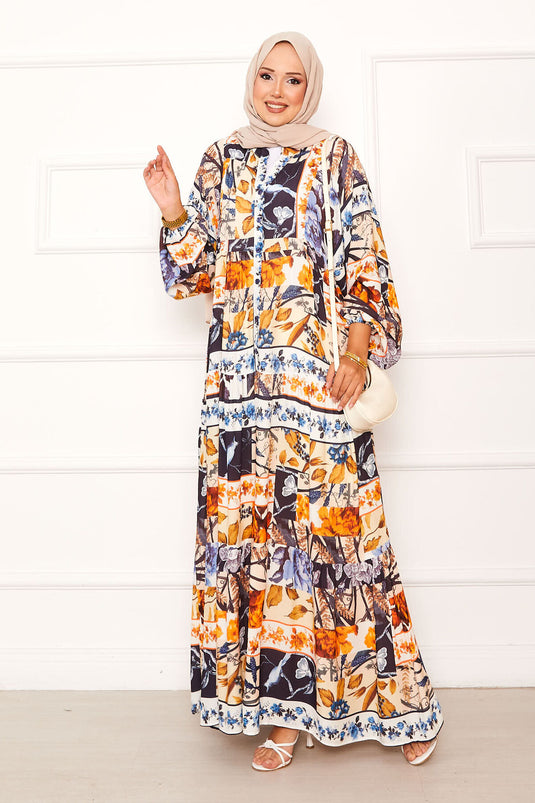 Çiçek Desenli Viskon Elbise Lacivert