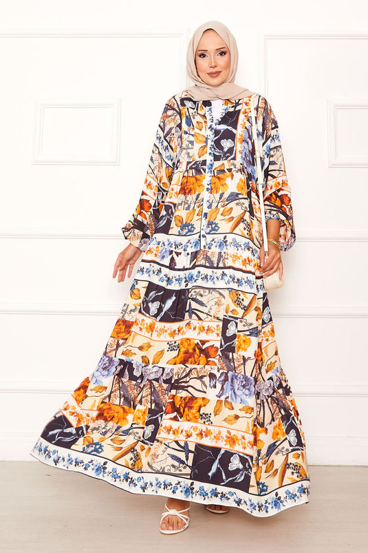 Çiçek Desenli Viskon Elbise Lacivert