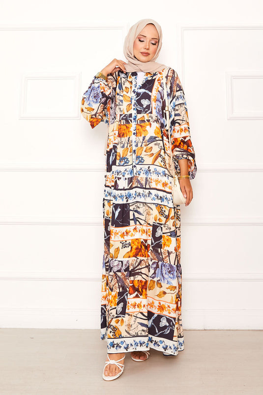 Çiçek Desenli Viskon Elbise Lacivert