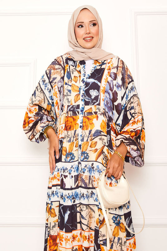 Çiçek Desenli Viskon Elbise Lacivert