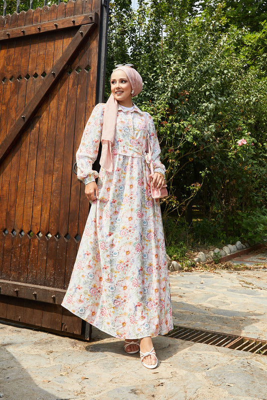 Jurk met bloemenmotief en strik aan de zijkant, roze