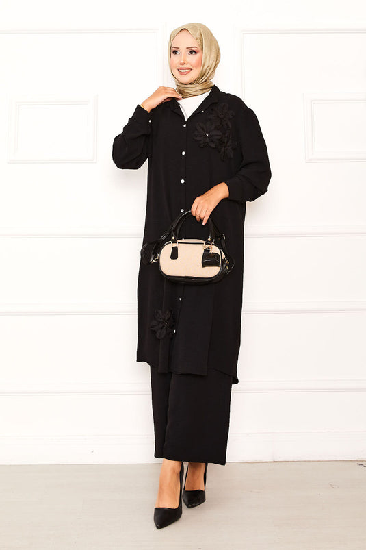 Floral Detailed Buttoned Two Piece Suit Black